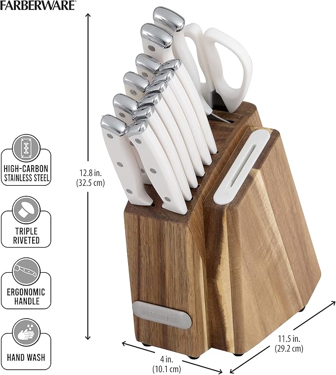 Farberware Edgekeeper Triple Riveted Slim Acacia Knife Block Set with Built in Sharpener, 14-Piece, White