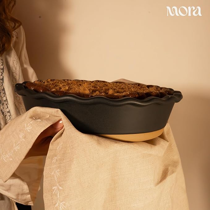 MORA Ceramic Pie Pan for Baking - 9 inch - Deep and Fluted Pie Dish for Old Fashion Apple Pie, Quiche, Pot Pies, Tart, etc - Modern Farmhouse Style Porcelain Ceramic Pie Plate - Liquorice