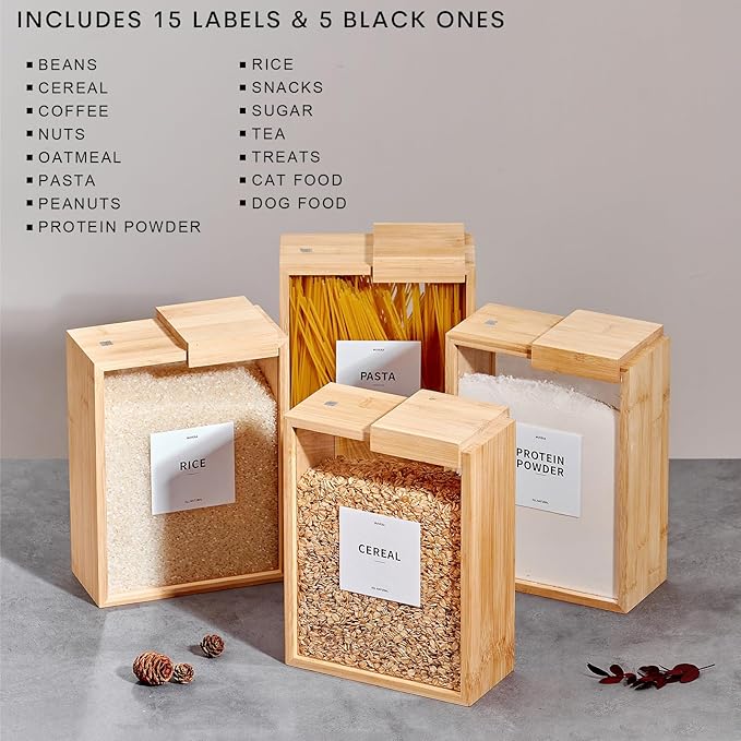 Bamboo Food Storage Container, 75oz /2000ml Clear Food Storage Container, 2Pcs Book-Style Canister for Kitchen, Square Pantry Organization with Labels for Sugar, Nut, Coffee Bean, Cereal, Tea
