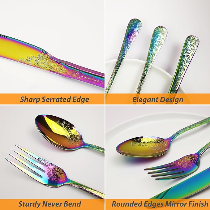 Runfly Vintage Carved Floral Rainbow Silverware Set for 4, Stainless Steel 20-Piece Flatware Set with Knife/Fork/Spoon, Cutlery Set for Home and Kitchen, Modern Utensil Set