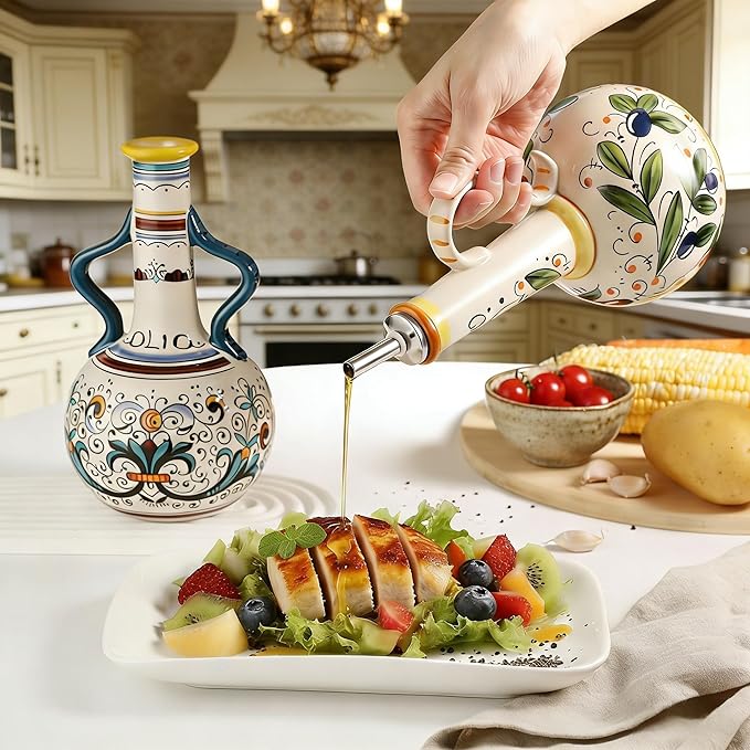 Ceramic Olive Oil Dispenser Bottle 23oz, Hand Painted Olive Oil Bottles, Decorative Stoneware Olive Oil Cruet for Kitchen with Stainless Steel Spout for Oils, Sauces, Vinegar