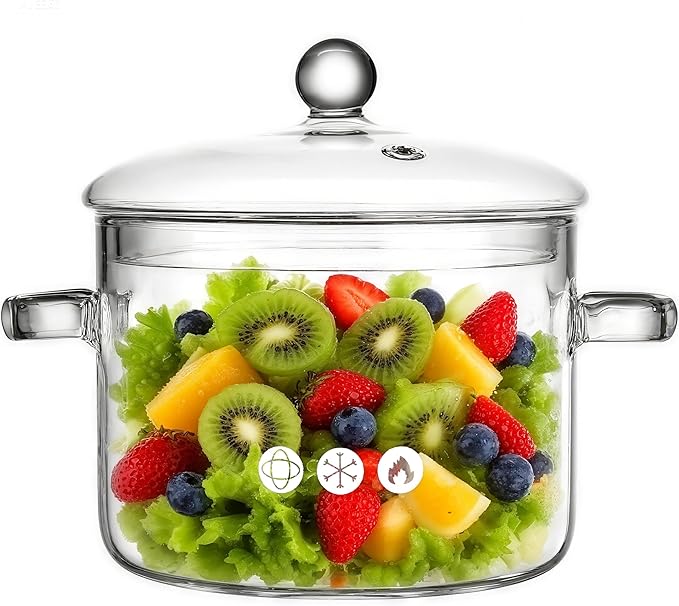 Clear Glass Pot, 1.9L, Cooking Pot with Lid and Handle, Clear Saucepan, Resistant Borosilicate Pot, Glass Saucepan for Cooking On Stove - Ideal for 1-2 People (64oz)