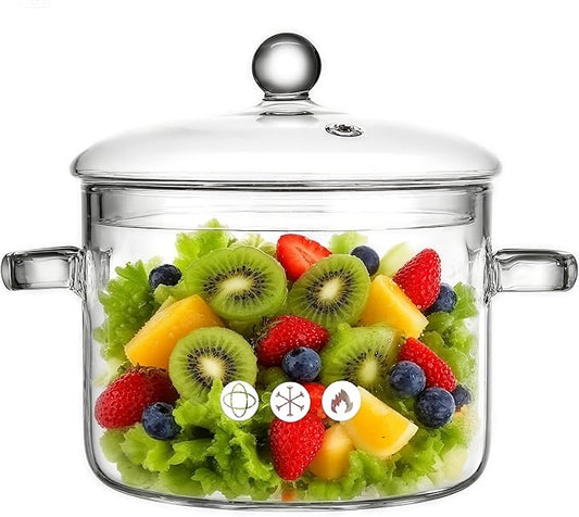Clear Glass Pot, 1.9L, Cooking Pot with Lid and Handle, Clear Saucepan, Resistant Borosilicate Pot, Glass Saucepan for Cooking On Stove - Ideal for 1-2 People (64oz)