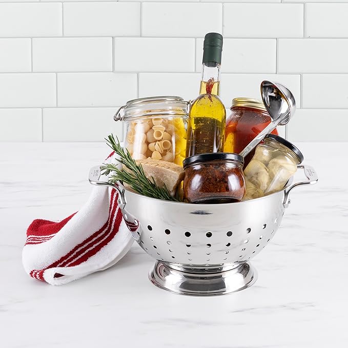All-Clad Tools and Accessories Stainless Steel Colander 5 Quart Strainer, Pasta Strainer with Handle, Pots and Pans Silver