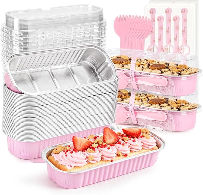 50 Pack Mini Loaf Pans with Lids Rectangle Individual Cake Pans Aluminum Foil Pans for Large Gatherings Picnics Vacations Parties (Pink, 6.8 OZ)