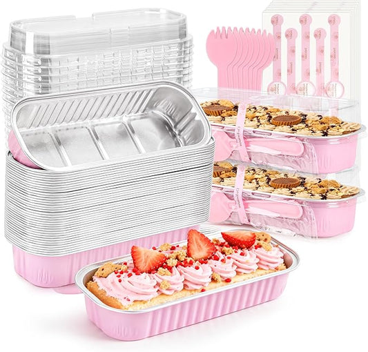 50 Pack Mini Loaf Pans with Lids Rectangle Individual Cake Pans Aluminum Foil Pans for Large Gatherings Picnics Vacations Parties (Pink, 6.8 OZ)