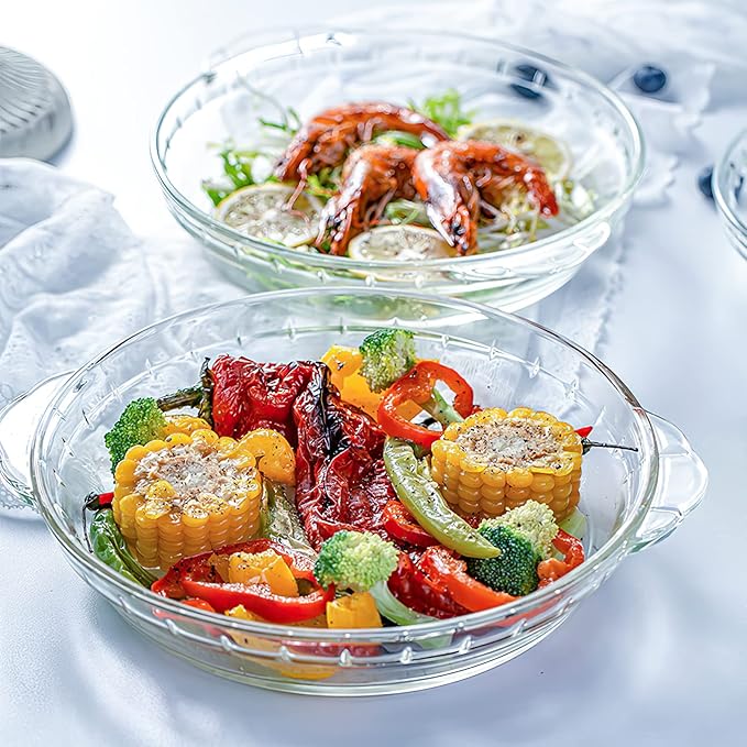 Kingrol 3 Pack Glass Pie Plates with Handles, 9 Inches Baking Dishes, Clear Glass Serving Plates for Snacks, Salads, Desserts