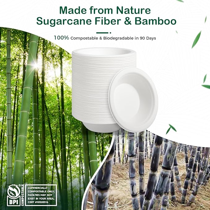 16 oz 128-Pack Compostable Paper Bowls, Disposable Salad & Soup Bowls, Heavy-Duty Bagasse Bowls for Pasta, Chili & Rice, Microwave & Freezer Safe, Eco-Friendly (White)