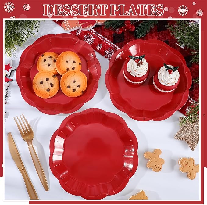 30 Pcs Red Paper Plates 7 Inch Red Scalloped Paper Plates Dessert Cake Plate for Mother's Day, Wedding, Birthday, Baby Shower, Bridal Shower