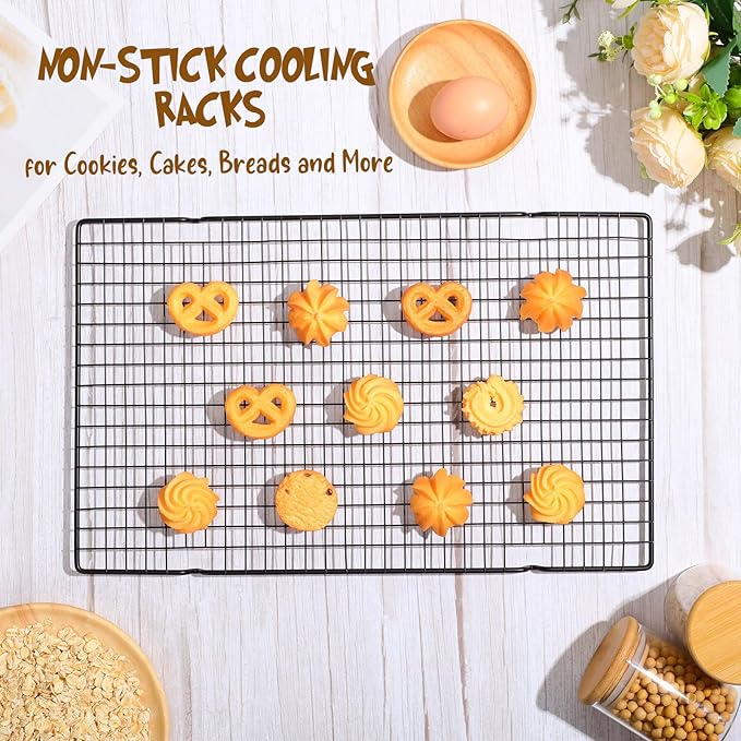 Harloon 12 Pack 16 x 9.8 Inches Nonstick Cooling Racks for Baking, Grid Wire Cookie Cooking Racks Oven Safe Carbon Steel Baking Rack Sheet Rack for Cookie Cake Grilling Drying Roasting (Black)