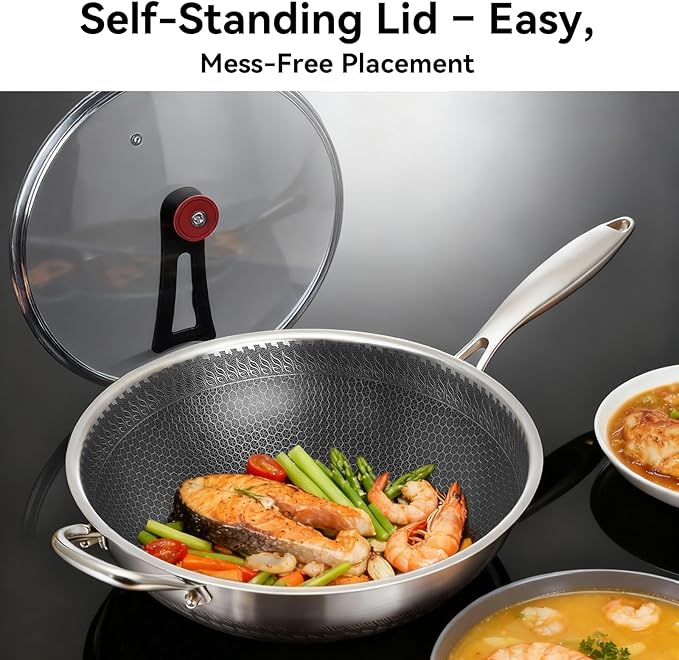 WANGYUANJI Honeycomb Stainless Steel Wok Pan with Lid, 12.6 Inch Hybrid Nonstick Stir Fry Pan Flat Bottom, PFOA-Free, Induction Compatible, Dishwasher Safe, No Seasoning Needed (Serves 3-4)