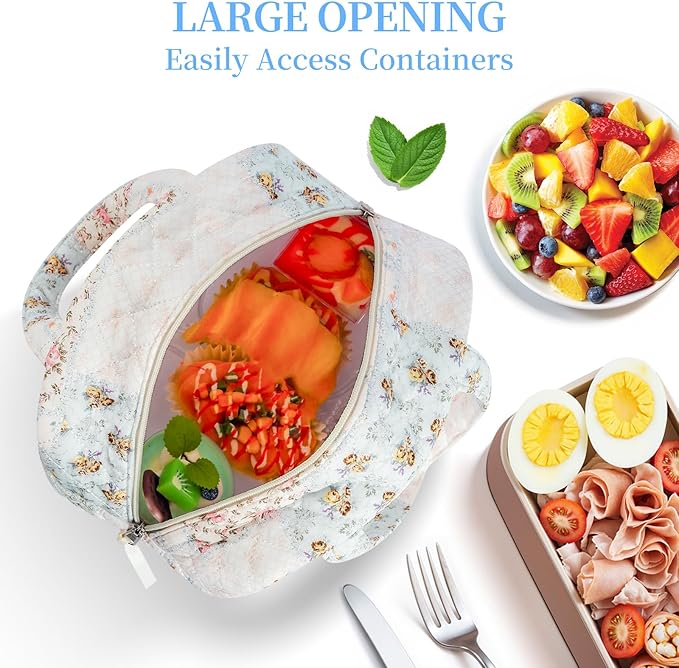 Quilted Lunch Box for Women,Coquette Aesthetic Lunch Box for Teen Girls,Cute Floral Lunch Bags for Work, School,Office,Picnic,Travel (coloful floral)