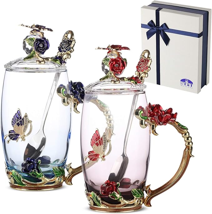 BTaT- Floral Glass Tea Cups with Lids, Pack of 2, Flower Tea Cups, Flower Glass Mug
