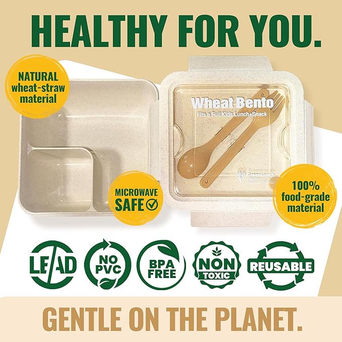Lunch Box for Kids, Large 2-Compartment, Durable and Microwave Safe, BPA-Free with Utensils, Wheat Straw Snack Containers for Kids – Beige