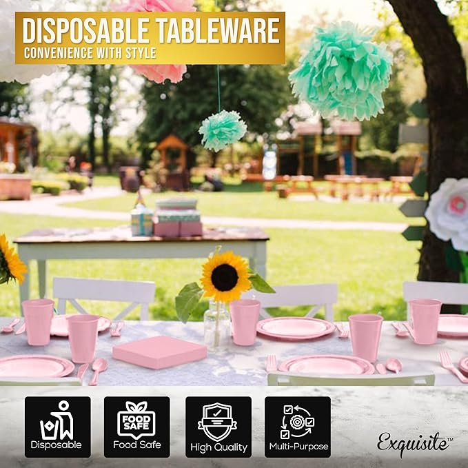 350 Pcs Pink Plastic Plates For Party, Pink Disposable Plates Set, 50 Of Each 9" Dinner Plate Set, 7" Dessert Plate, Cups, Napkins & Cutlery Plastic Dinnerware Set Exquisite