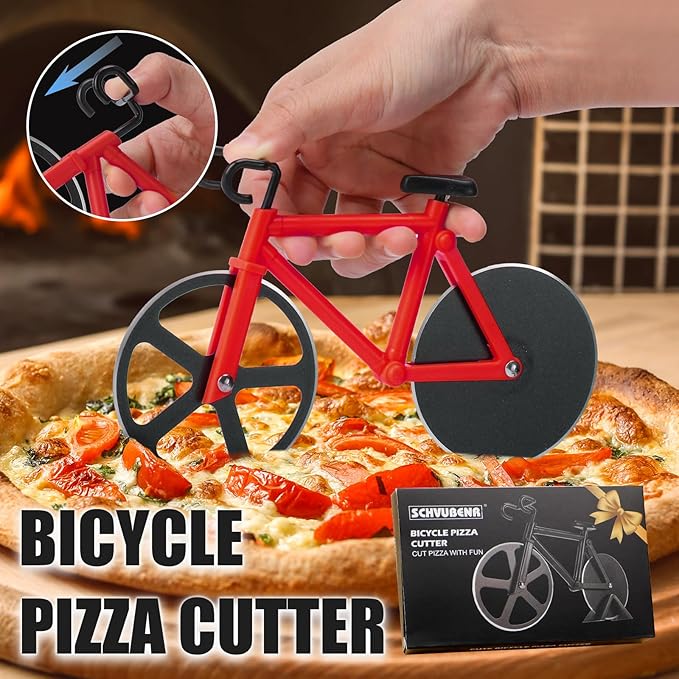 Bicycle Pizza Cutter Wheel - Gifts for Cyclists, Men, Dad, Bike Lovers - Funny Kitchen Gadgets - Cool Father’s Day, Christmas, Birthday, White Elephant Gifts - Stainless Steel Pizza Slicer(Red)