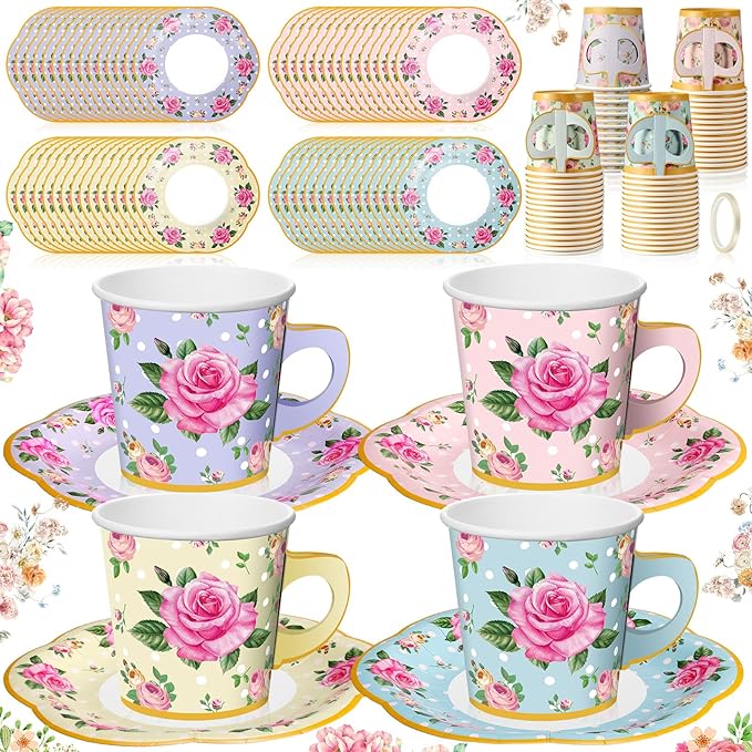 Umigy 60 Sets Spring Tea Party Decorations 6.5 oz Floral Paper Teacups & Saucer Set for Girls Women Afternoon Tea Parties Mothers Day Bridal Shower Wedding Birthday Party Decorations(Mixed Color)