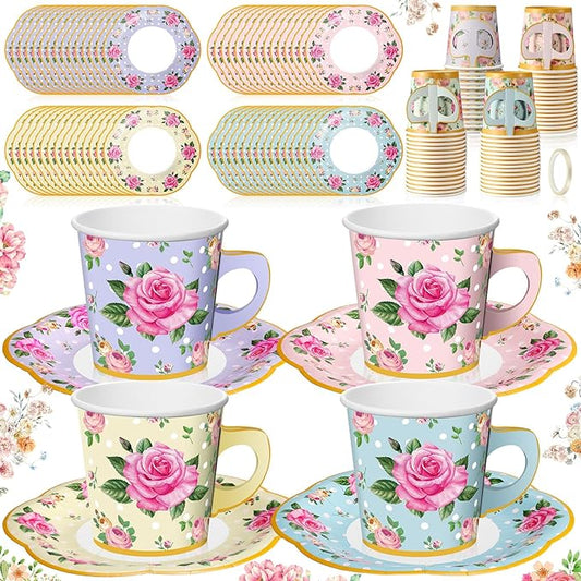 Umigy 60 Sets Spring Tea Party Decorations 6.5 oz Floral Paper Teacups & Saucer Set for Girls Women Afternoon Tea Parties Mothers Day Bridal Shower Wedding Birthday Party Decorations(Mixed Color)