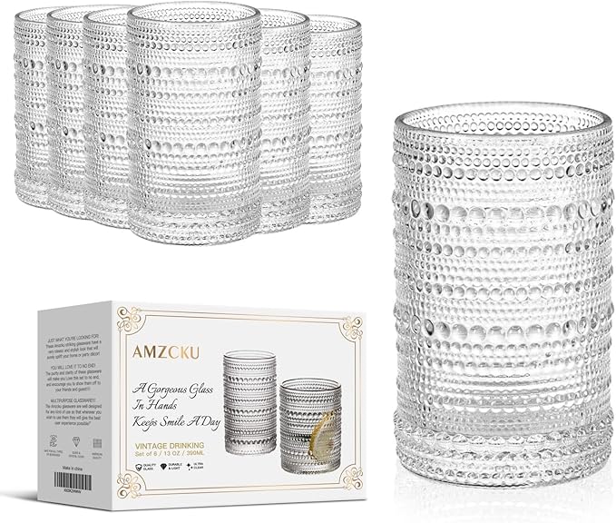 Amzcku Vintage Highball Drinking Glass Set of 6 Kitchen Glasses Cup（13 OZ），for Water，Cocktail，Milk，Juice and Beverage.…