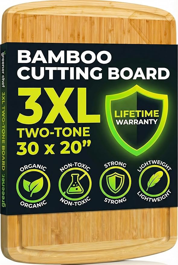Greener Chef 30 x 20 Organic Extra Large Cutting Board with Lifetime Replacements – Wood Bamboo Chopping Board - Wooden Butcher Block Cutting Board for Carving Turkey, Grilling Brisket and BBQ