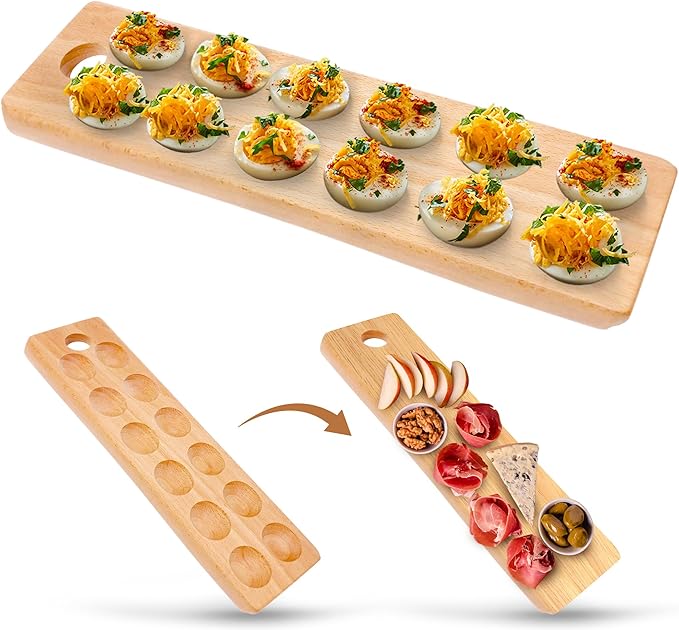 Namre' Wooden Deviled Egg Platter - Holiday Entertaining Deviled Egg Plate & Charcuterie Board - Recipes Included.