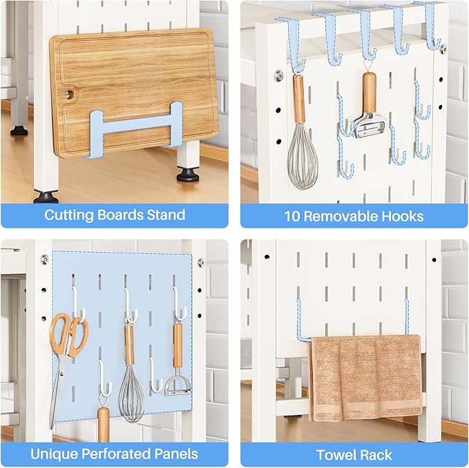 Expandable Microwave Stand, 2-Tier Adjustable Microwave Oven Rack with 10 Hooks & 2 Holders, Heavy Duty Carbon Steel Microwave Shelf for Kitchen Counter Organizer and Storage, Holds 120lbs, White