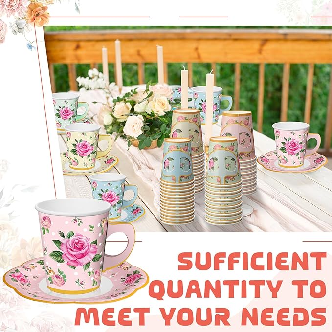Umigy 60 Sets Spring Tea Party Decorations 9 oz Floral Paper Teacups & Saucer Set for Girls Women Afternoon Tea Parties Mothers Day Bridal Shower Wedding Birthday Party Decorations(Multicolored)