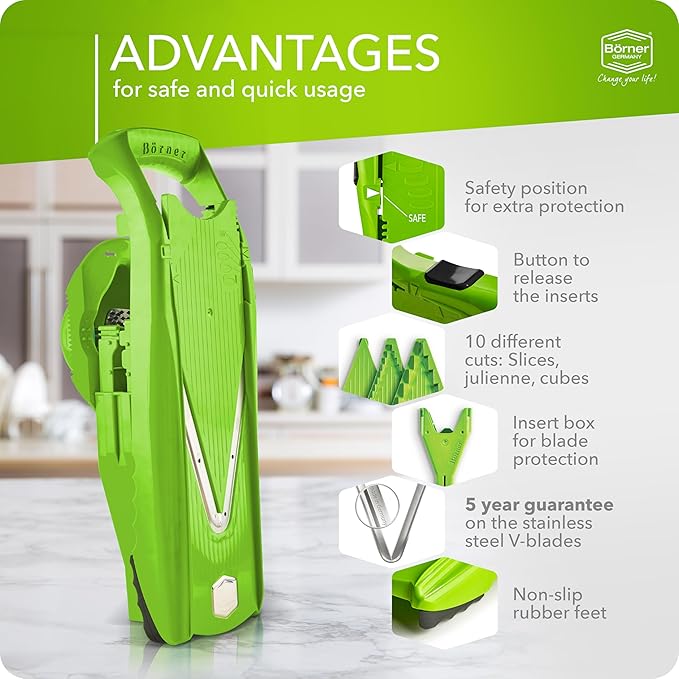 Mandoline Food Slicer Börner V5 (Starter Set) by Reston Lloyd • V-Slicer with Food Holder • Made in Germany • Fruit & Vegetable Chopper • Multiple Settings • Color: Lime