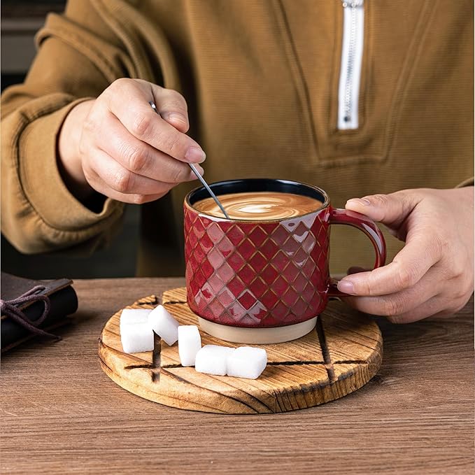 GBhome 8OZ Stackable Coffee Mugs, Ceramic Coffee Mugs with Texture Patterns for Man,Woman,Dad,Mom, Modern Coffee Cups Set of 4 for Espresso/Cappuccino. Dishwasher&Microwave Safe,Red