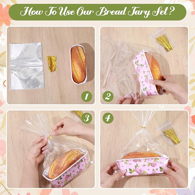 LemonRoad 48 Sets Spring Paper Loaf Pan for Baking 6.3 x 2.2 x 2.2 Inch Small Disposable Rose Flower Baking Pans with Clear Plastic Bags and Ties Rectangle Cake Mold for Bread Tea Party Supply Gift