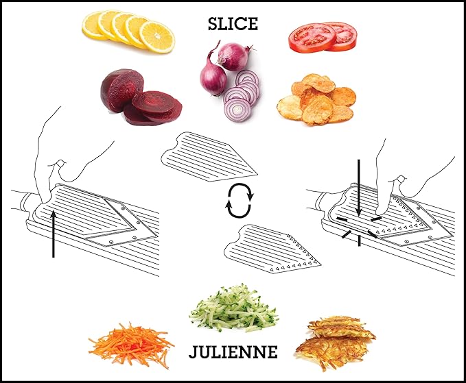 Microplane Adjustable Mandoline Slicer with V-Blade and Julienne Stainless Steel Blades, Handheld Mandoline for Potatoes, Carrots and Other Vegetables