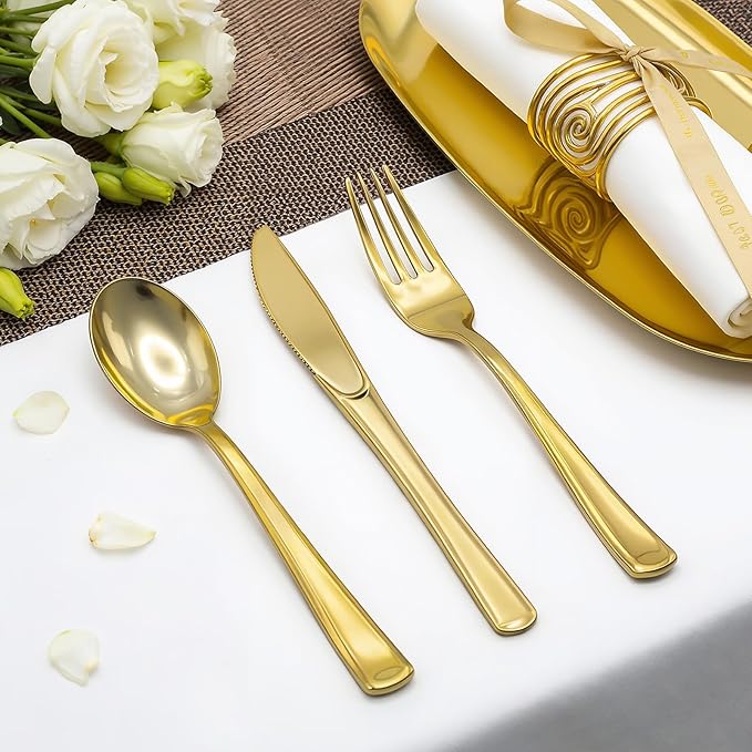 153 Pack Gold Plastic Silverware - Heavy Duty Gold Silverware Set - 51 Forks, 51 Knives, 51 Spoons Plastic Cutlery Disposable Utensils Set for Holiday, Party, Dinner, Wedding Gathering