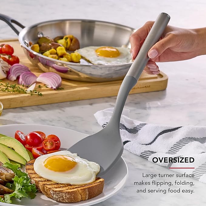 KitchenAid Oversized Solid Turner with Durable Stainless Steel Handle, Large Nonstick-Safe Head for Easy Flipping, Folding, and Serving, Dishwasher Safe