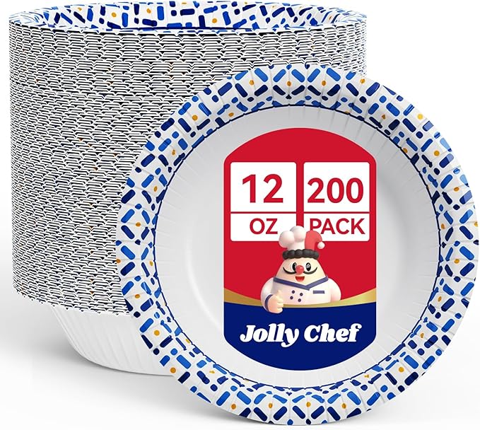 JOLLY CHEF 12 oz Paper Bowls 200 Count, Soak-Proof, Heavy Duty Small Disposable Bowls Bulk for Snacks, Desserts, Breakfast, Lunch, and Party Use