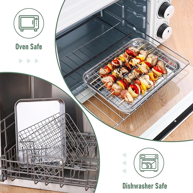 Toaster Oven Pan with Rack Set (1 Pan+1 Rack), Homikit 9 x 7 Inch Small Baking Sheet with Wire Rack, Stainless Steel Cookie Sheets for Baking, Cookie Bacon Tray with Cooling Rack, Dishwasher Safe