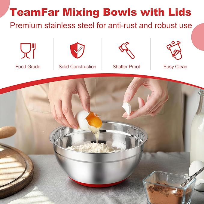 TeamFar Mixing Bowls, Red Mixing Bowls with Lids Set, Stainless Steel Nesting Salad Bowl with Air-tight Lid & Silicone Bottom, Non Slip & Stackable - Set of 6-4.6/2.6/2 / 1.5/1 / 0.7 Qt