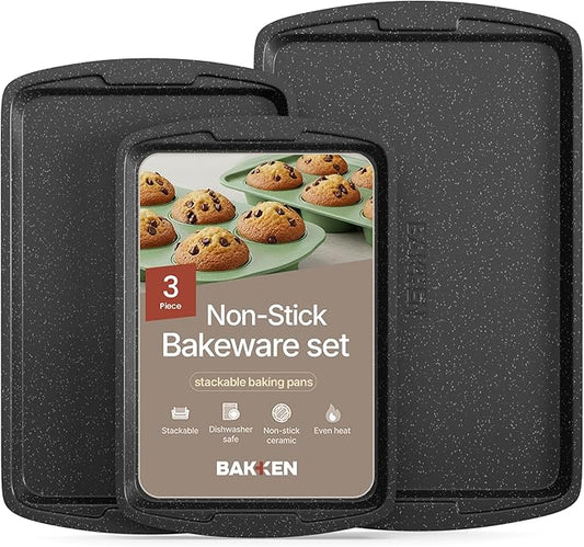 Bakken Swiss Cookie Sheet 3 Piece Set - Non-Stick, Stackable Baking Pans, Gray marble Deluxe Ceramic Coating – Dishwasher Safe - for Home Baking