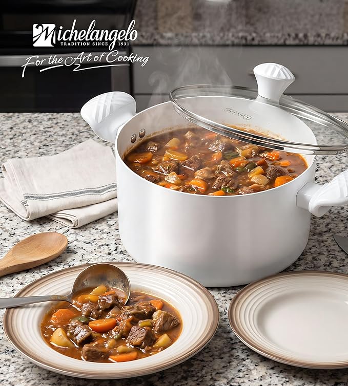 MICHELANGELO Stock Pot with Lid, 6 Quart Soup Pot with Lid, Nonstick Ceramic Cooking Pot with Stay-Cool Handle, Induction Compatible - 6QT, White