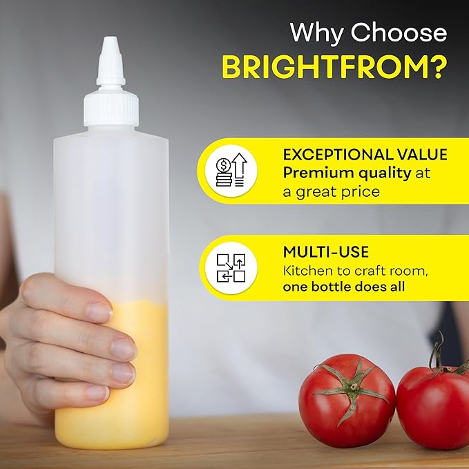 BRIGHTFROM Condiment Squeeze Bottles, 16 OZ Empty Squirt Bottle with Twist Top Cap, Leak Proof - Great for Ketchup, Mustard, Syrup, Sauces, Dressing, Oil, Arts and Crafts, BPA FREE Plastic - 2 PACK