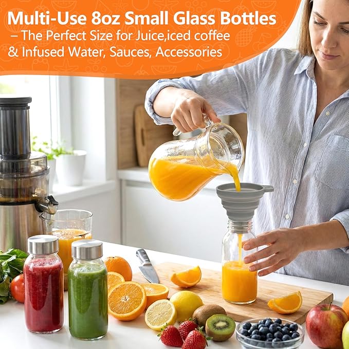 8 oz Glass Water Bottles with Lids, 12 Pack Small Glass Juice Bottles with Stainless Steel Caps & Funnel, Leak-Proof Containers for Juicing, Milk, Ginger Shots, Smoothies, Wellness Drinks