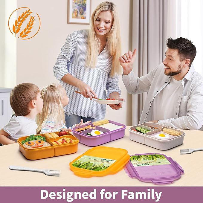 Wheat Straw Lunch Box, Leakproof 3-Compartment Bento Box for Kids & Adults, BPA-Free, Microwave & Dishwasher Safe, 5.5 Cup/1400 ml, Purple