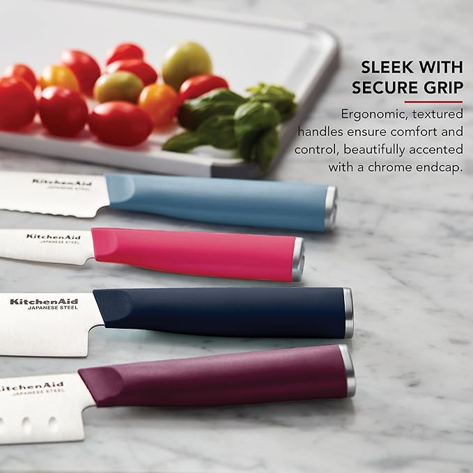 KitchenAid 4-Piece Chef Knife Set with Blade Covers, 6-Inch Chef Knife, 5-Inch Santoku, 5.5-Inch Serrated Utility, 3.5-Inch Paring High-Carbon Japanese Steel, Assorted Colors