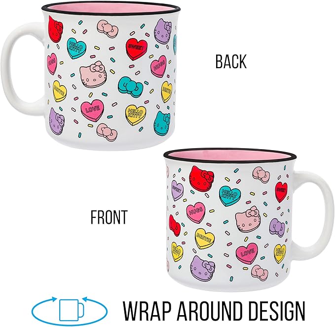 Silver Buffalo Sanrio Hello Kitty Valentine Candy Hearts And Bows Love and Bestie Pattern Ceramic Camper Mug, 20 Ounces
