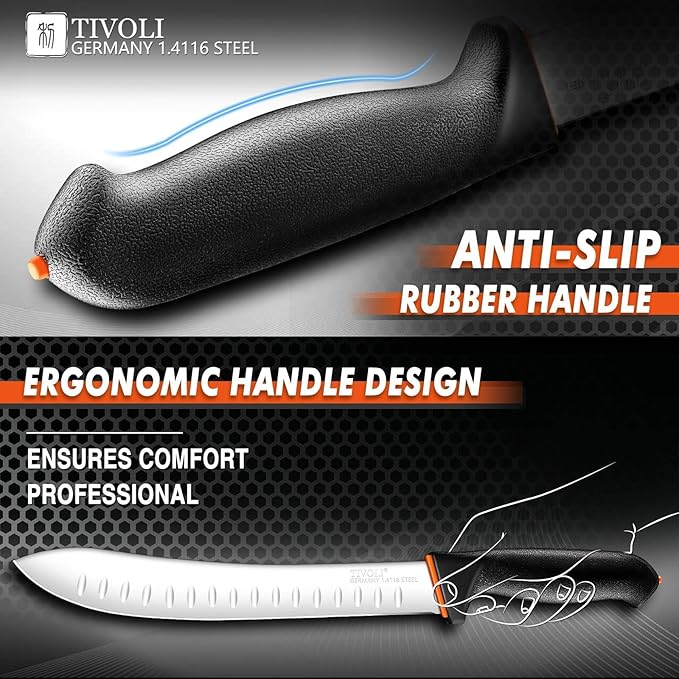 TIVOLI Bullnose Knife 10 Inch - Butcher Carving Knife with Ergonomic Non-Slip Softgrip & German Stainless Steel Razor Sharp Blade for Meat Cutting,Slicing - Gift for Men Women