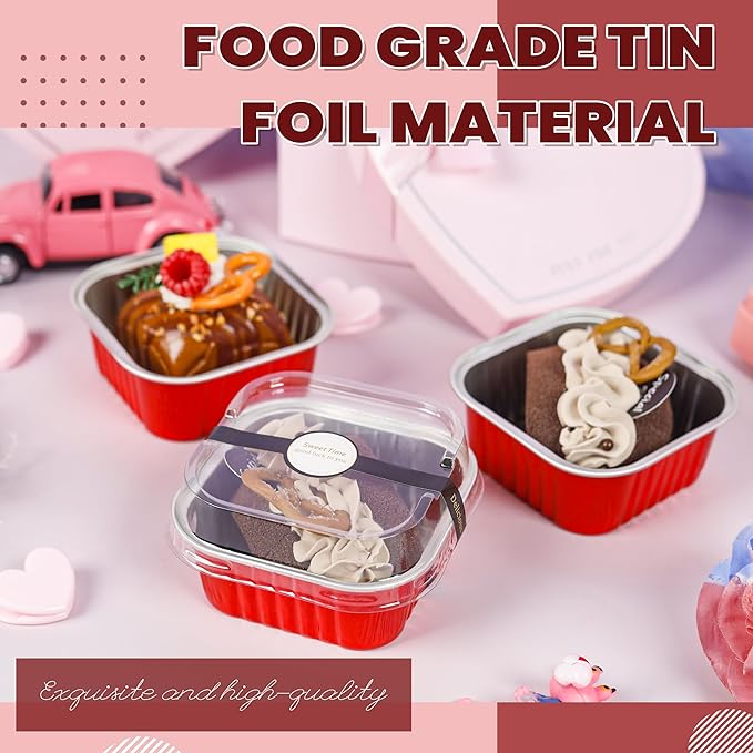 60 Pack Mini Cake Pans with Lids Foil Pans Square Aluminum Pans with Lids Cupcake Liners for Birthday Wedding Party Gift (Red, 5 oz)