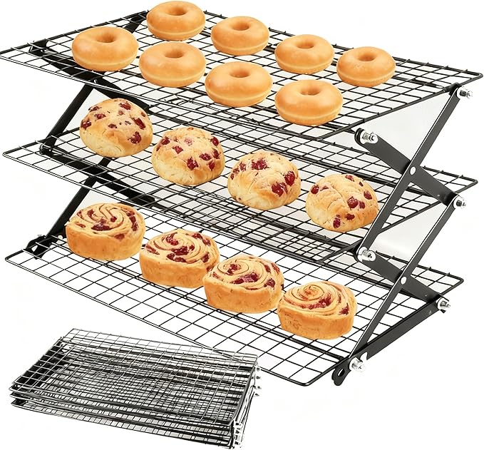 Collapsible Cooling Rack with Adjustable 3 Setting, Wire Cooling Roasting Cooking Baking Drying Rack for Cookies Bread (3-Tier)