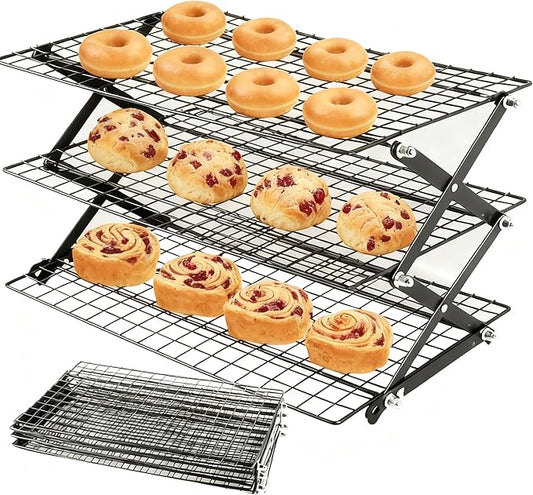 Collapsible Cooling Rack with Adjustable 3 Setting, Wire Cooling Roasting Cooking Baking Drying Rack for Cookies Bread (3-Tier)