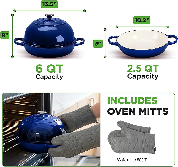 NutriChef 10.2" Enameled Cast Iron Bread Oven, Dome-Shaped Sourdough Baking Pan with Handles & Silicone Gloves, Oven-Safe to 500°F, Dishwasher Safe Dutch Oven Bread Pan (Blue)