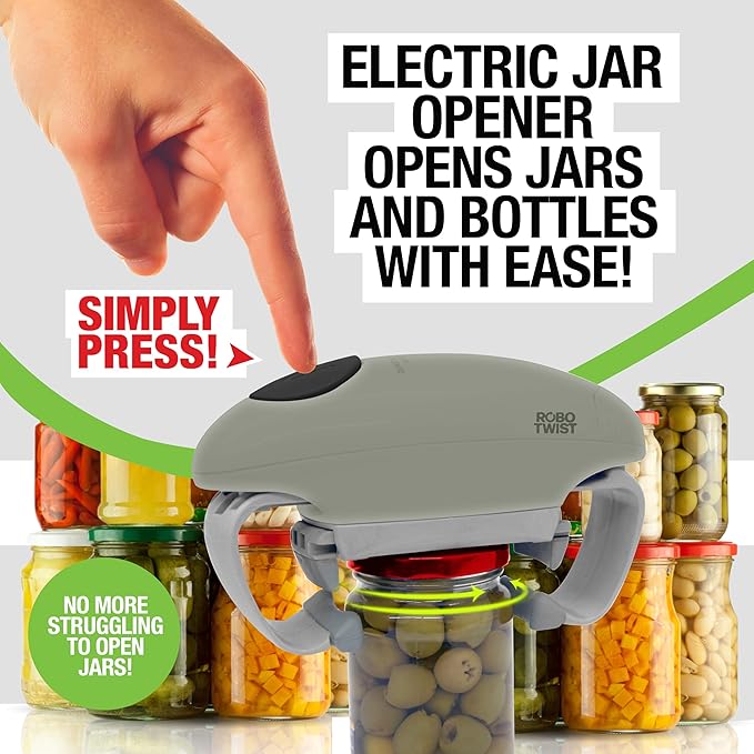 Robotwist Higher Torque Electric Jar Opener for Weak Hands, Automatic Lid Opener for Seniors with Arthritis, One Touch Battery Operated, Hands-Free, Fits 1.2-3.5" Jars, Deluxe Model, Sage Green