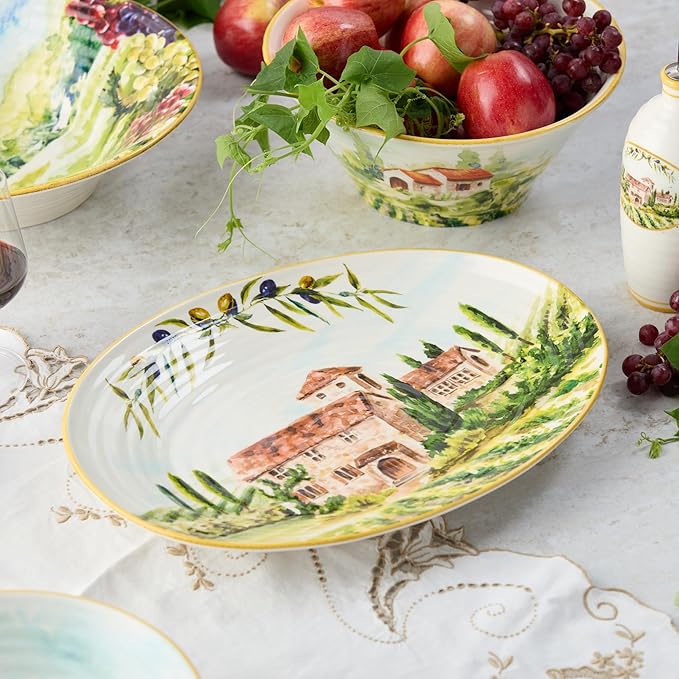 Tuscany Oval Platter – 16” Stoneware Serving Dish Featuring Scenic Italian Countryside with Villas, Vineyards & Olive Groves – Ideal for Roasts, Antipasto & Entertaining Guests